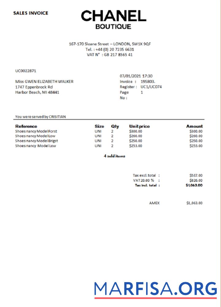 Blank Sales Invoice Chanel Boutique real example